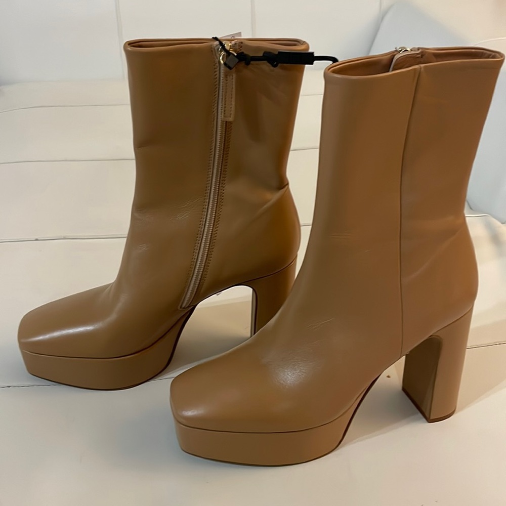 NWT Zara nude tan cognac genuine leather platform ankle boots 38 Fall Staple